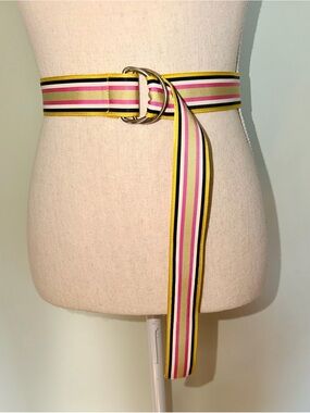 J. Crew Pink, Yellow & Black Striped Web Belt with Double Ring Buckle